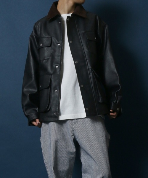 ANPAS(アンパス)の「Melton & Synthetic Leather Coverall/メルトン フェイクレザー カバーオールジャケット(ブルゾン・メンズ・ライトグレー/ブラック/ネイビー・LL/M/L)」の7枚目の写真