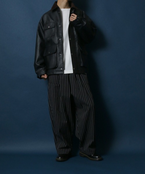 ANPAS(アンパス)の「Melton & Synthetic Leather Coverall/メルトン フェイクレザー カバーオールジャケット(ブルゾン・メンズ・ライトグレー/ブラック/ネイビー・LL/M/L)」の4枚目の写真