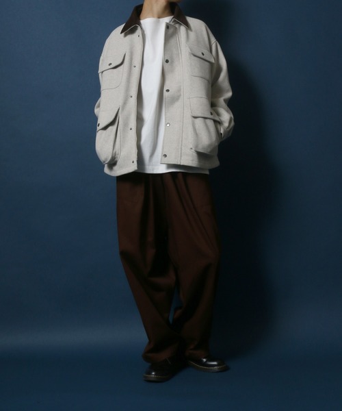 ANPAS(アンパス)の「Melton & Synthetic Leather Coverall/メルトン フェイクレザー カバーオールジャケット(ブルゾン・メンズ・ライトグレー/ブラック/ネイビー・LL/M/L)」の5枚目の写真