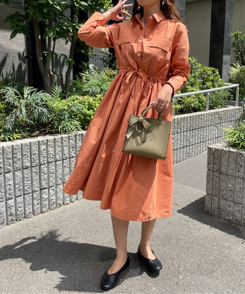 StyleSea（スタイルシー）の「ウエストドロストCPOシャツワンピース（シャツワンピース・レディース・オレンジ・FREE）」の4枚目の写真