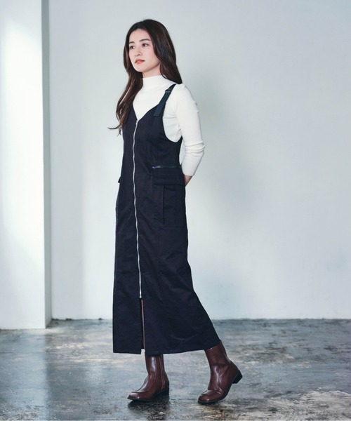 ECRIRE（エクリール）の「【creamコラボ】フロントジップジャンスカ（ジャンパースカート・レディース・ブラック/ブラウン/カーキ・M/L）」の5枚目の写真