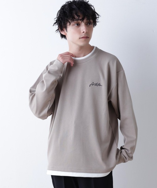 WEGO(ウィゴー)の「WEGO/フェイクレイヤード刺繍BIGロンT(Tシャツ/カットソー・メンズ・ホワイト/ブラック/ベージュ・MEDIUM/LARGE)」の3枚目の写真