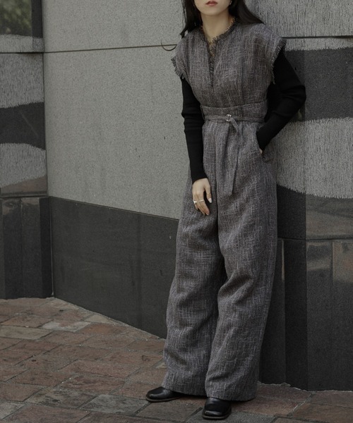 Ezick（エジック）の「Lady tweed スレンダーオールインワン（サロペット/オーバーオール・レディース・チャコールグレー/オフホワイト・FREE）」の8枚目の写真