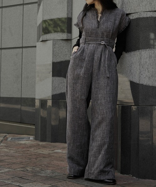 Ezick（エジック）の「Lady tweed スレンダーオールインワン（サロペット/オーバーオール・レディース・チャコールグレー/オフホワイト・FREE）」の4枚目の写真