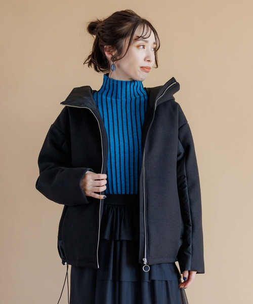 RAW FUDGE（ローファッジ）の「起毛ニット×タフタ２WAYフードダウン（ダウンジャケット/コート・レディース・ブラック/オフホワイト・M）」の2枚目の写真