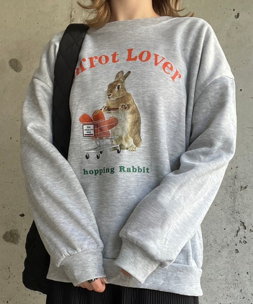 【人気デザイン】キューン☆センターウサギロゴスウェット　 ゆるだぼ 即完売 おもしろ トレーナー メンズ 裏起毛 Tシャツ ウサギ スウェット