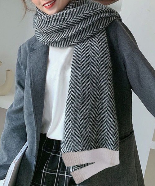 セール】レディース 182×33cmヘリンボーン柄大判ストールマフラー