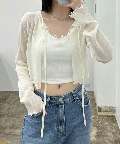 EPIMI E'PIMMY(エピミエピミー)の「シアーコンパクトリボンボレロカーデ(カーディガン/ボレロ・レディース・ブラック/ピンクベージュ/オフホワイト/グリーン・MEDIUM)」の3枚目の写真