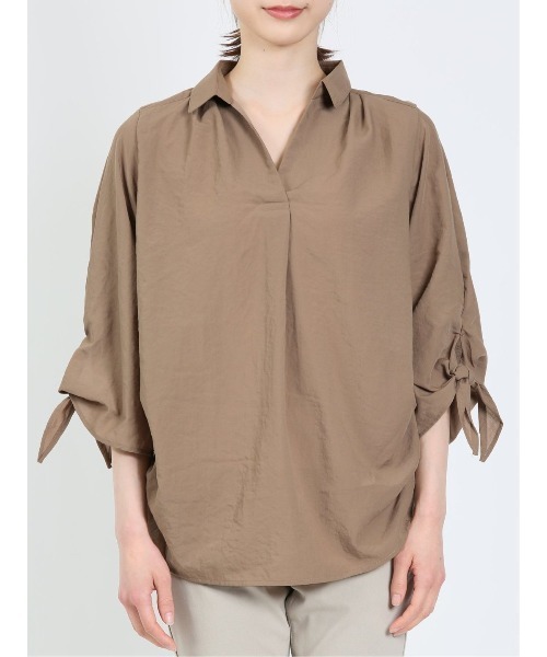 m.f.editorial（エムエフエディトリアル）の「m.f.エディトリアル レディース 袖リボン脇タック スキッパー シャツチュニック（シャツ/ブラウス・レディース・ブラウン/オレンジ・LARGE/MEDIUM）」の13枚目の写真