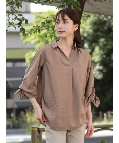 m.f.editorial（エムエフエディトリアル）の「m.f.エディトリアル レディース 袖リボン脇タック スキッパー シャツチュニック（シャツ/ブラウス・レディース・ブラウン/オレンジ・LARGE/MEDIUM）」の17枚目の写真