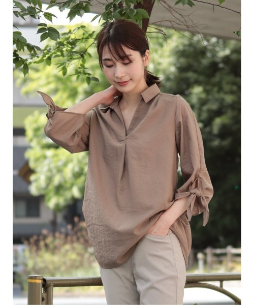 m.f.editorial（エムエフエディトリアル）の「m.f.エディトリアル レディース 袖リボン脇タック スキッパー シャツチュニック（シャツ/ブラウス・レディース・ブラウン/オレンジ・LARGE/MEDIUM）」の18枚目の写真