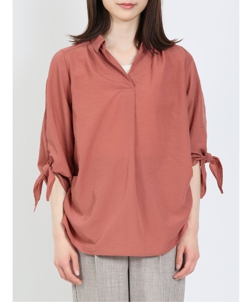 m.f.editorial（エムエフエディトリアル）の「m.f.エディトリアル レディース 袖リボン脇タック スキッパー シャツチュニック（シャツ/ブラウス・レディース・ブラウン/オレンジ・LARGE/MEDIUM）」の4枚目の写真