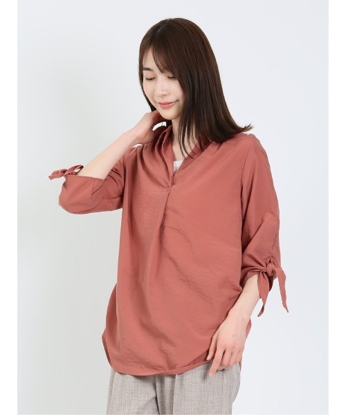 m.f.editorial（エムエフエディトリアル）の「m.f.エディトリアル レディース 袖リボン脇タック スキッパー シャツチュニック（シャツ/ブラウス・レディース・ブラウン/オレンジ・LARGE/MEDIUM）」の8枚目の写真