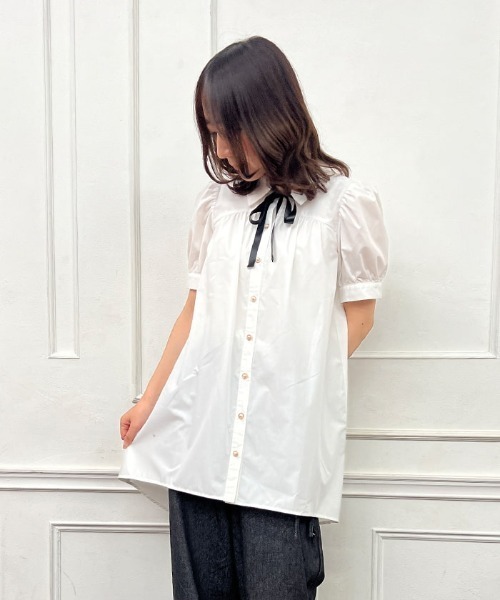 axes femme(アクシーズファム)の「パフスリーブシャツチュニ(チュニック・レディース・ブルー/ブラック/キナリ・MEDIUM)」の14枚目の写真