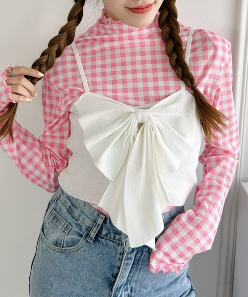 ギンガムチェック　LINKABLE ピンク　ピエロトップス ギンガムチェックLINKABLE ピンクピエロトップス