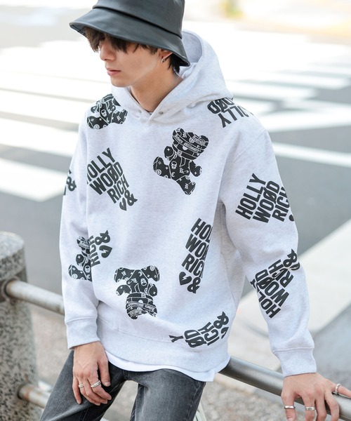 【Hollywood Rich.&】裏起毛スウェット / 総柄プリント オーバーサイズ ルーズパーカー（パーカー）｜ADMIX/ATELIER SAB MEN（アドミックスアトリエサブメン）