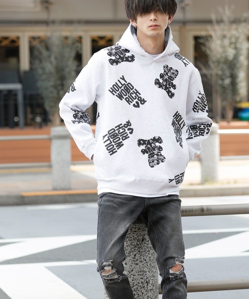 【Hollywood Rich.&】裏起毛スウェット / 総柄プリント オーバーサイズ ルーズパーカー（パーカー）｜ADMIX/ATELIER SAB MEN（アドミックスアトリエサブメン）