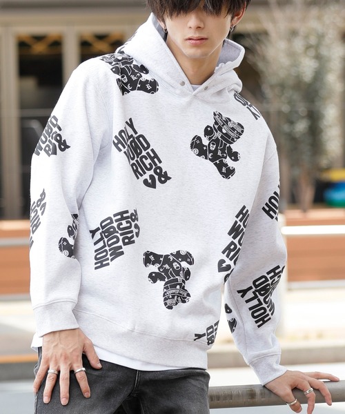 【Hollywood Rich.&】裏起毛スウェット / 総柄プリント オーバーサイズ ルーズパーカー（パーカー）｜ADMIX/ATELIER SAB MEN（アドミックスアトリエサブメン）