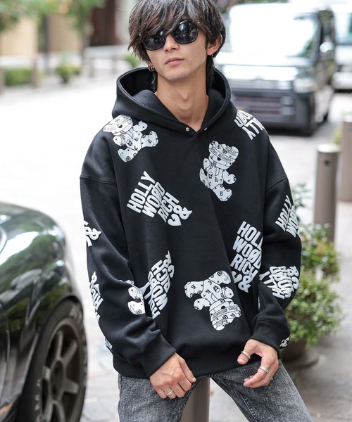 【Hollywood Rich.&】裏起毛スウェット / 総柄プリント オーバーサイズ ルーズパーカー（パーカー）｜ADMIX/ATELIER SAB MEN（アドミックスアトリエサブメン）