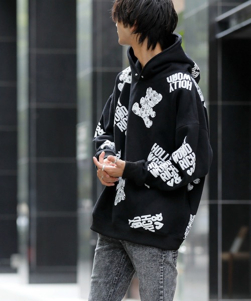 【Hollywood Rich.&】裏起毛スウェット / 総柄プリント オーバーサイズ ルーズパーカー（パーカー）｜ADMIX/ATELIER SAB MEN（アドミックスアトリエサブメン）