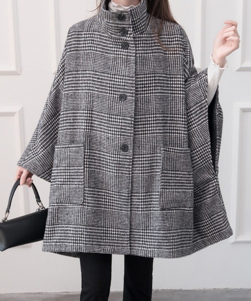 ABITOKYO（アビトーキョー）の「ビックシルエットスタンドカラーチェック柄ポンチョコート（ポンチョ・レディース・ブラック/ベージュ系その他/ブラック系その他/ベージュ/アイボリー/モカ・FREE）」の4枚目の写真