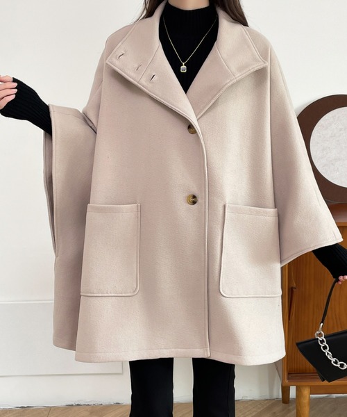 ABITOKYO（アビトーキョー）の「ビックシルエットスタンドカラーチェック柄ポンチョコート（ポンチョ・レディース・ブラック/ベージュ系その他/ブラック系その他/ベージュ/アイボリー/モカ・FREE）」の2枚目の写真