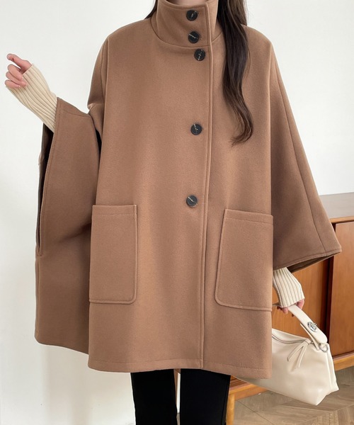 ABITOKYO（アビトーキョー）の「ビックシルエットスタンドカラーチェック柄ポンチョコート（ポンチョ・レディース・ブラック/ベージュ系その他/ブラック系その他/ベージュ/アイボリー/モカ・FREE）」の5枚目の写真