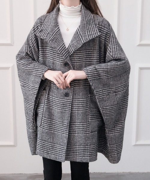 ABITOKYO（アビトーキョー）の「ビックシルエットスタンドカラーチェック柄ポンチョコート（ポンチョ・レディース・ブラック/ベージュ系その他/ブラック系その他/ベージュ/アイボリー/モカ・FREE）」の14枚目の写真