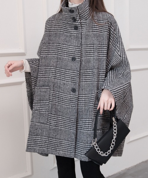 ABITOKYO（アビトーキョー）の「ビックシルエットスタンドカラーチェック柄ポンチョコート（ポンチョ・レディース・ブラック/ベージュ系その他/ブラック系その他/ベージュ/アイボリー/モカ・FREE）」の9枚目の写真