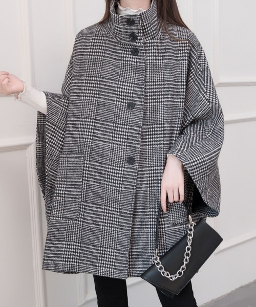 ABITOKYO（アビトーキョー）の「ビックシルエットスタンドカラーチェック柄ポンチョコート（ポンチョ・レディース・ブラック/ベージュ系その他/ブラック系その他/ベージュ/アイボリー/モカ・FREE）」の12枚目の写真
