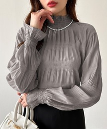 COCOMOMO（ココモモ）の「透け感で華やぐ洗練シアー シャーリング シアーブラウス プリーツ ブラウス ハイネック シアートップス 長袖 オケージョン オフィスカジュアル 冷房対策（シャツ/ブラウス・レディース）」