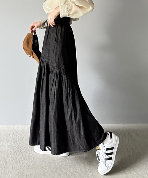 classicalelf（クラシカルエルフ）の「歩くたびにふんわり軽やか。デニムティアードフレアスカート（スカート・レディース・ブルー系その他/ブラック/ワンウォッシュ・LARGE/MEDIUM/X-LARGE/SMALL）」の12枚目の写真