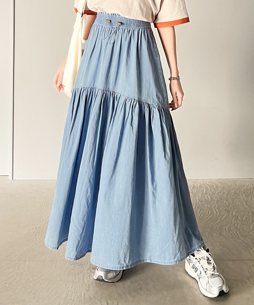 セール】歩くたびにふんわり軽やか。デニムティアードフレア