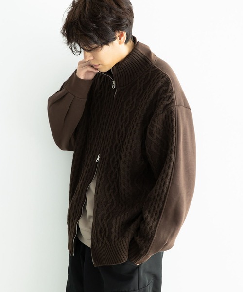 CRAFT STANDARD BOUTIQUE(クラフトスタンダードブティック)の「ケーブルニット切り替え裏毛フーディー(カーディガン/ボレロ・レディース・ブラウン/ブラック/ホワイト系その他・L/M)」の1枚目の写真