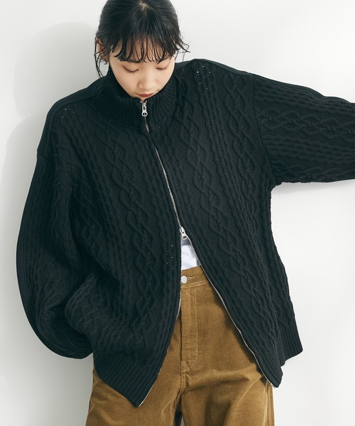 CRAFT STANDARD BOUTIQUE(クラフトスタンダードブティック)の「ケーブルニット切り替え裏毛フーディー(カーディガン/ボレロ・レディース・ブラウン/ブラック/ホワイト系その他・L/M)」の3枚目の写真