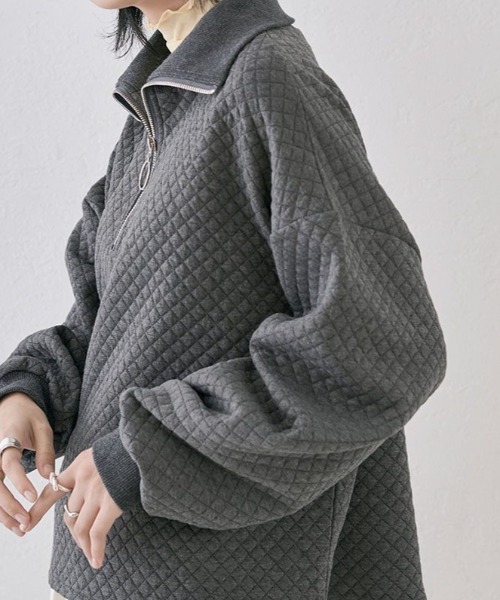 kirakiraShop(キラキラショップ)の「ハーフジップ キルティング スウェット プルオーバー(スウェット・レディース・チャコール/杢グレー/オフホワイト・FREE)」の3枚目の写真