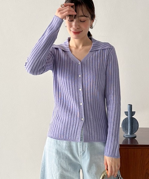 Doux archives(ドゥアルシーヴ)の「リネンライク前開きリブニット(ニット/セーター・レディース・ベージュ/チャコールグレー/ラベンダー・FREE)」の2枚目の写真