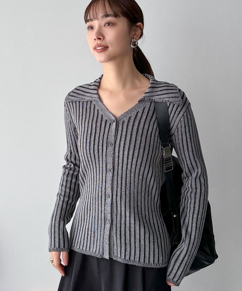 Doux archives(ドゥアルシーヴ)の「リネンライク前開きリブニット(ニット/セーター・レディース・ベージュ/チャコールグレー/ラベンダー・FREE)」の5枚目の写真