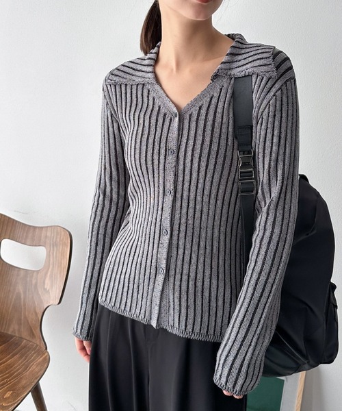 Doux archives(ドゥアルシーヴ)の「リネンライク前開きリブニット(ニット/セーター・レディース・ベージュ/チャコールグレー/ラベンダー・FREE)」の6枚目の写真