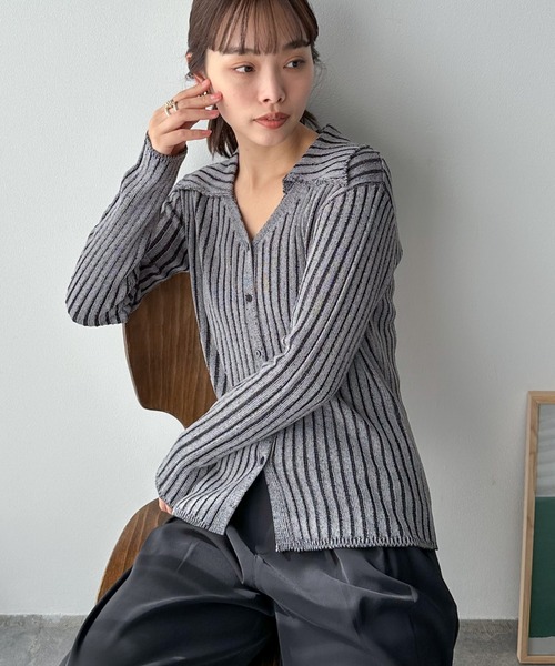 Doux archives(ドゥアルシーヴ)の「リネンライク前開きリブニット(ニット/セーター・レディース・ベージュ/チャコールグレー/ラベンダー・FREE)」の7枚目の写真