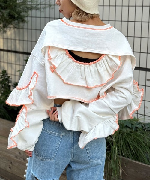 HELLO.SANFRANCISCO（ハローサンフランシスコ）の「【HELLO.SANFRANCISCO/ハローサンフランシスコ】カットアウトフリルスウェット（スウェット・レディース・ライトグレー/アイボリー・FREE）」の7枚目の写真