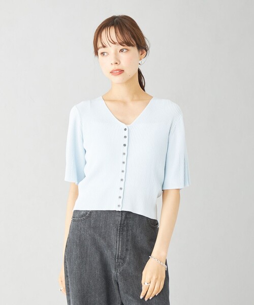 EMMEL REFINES（エメルリファインズ）の「＜EMMEL REFINES＞EM リブショートスリーブ Vネック カーディガン（カーディガン/ボレロ・レディース・ナチュラル/ライトブルー/ケリー・FREE）」の3枚目の写真