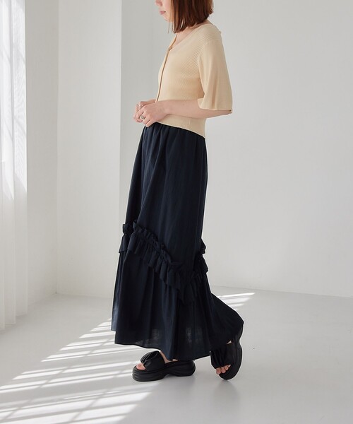 EMMEL REFINES（エメルリファインズ）の「＜EMMEL REFINES＞EM リブショートスリーブ Vネック カーディガン（カーディガン/ボレロ・レディース・ナチュラル/ライトブルー/ケリー・FREE）」の5枚目の写真