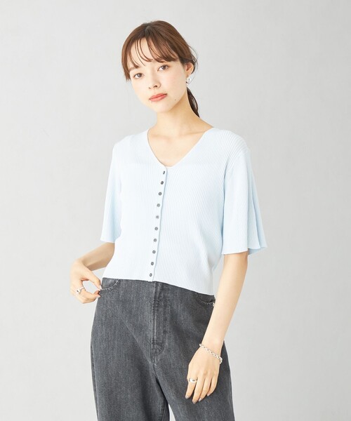 EMMEL REFINES（エメルリファインズ）の「＜EMMEL REFINES＞EM リブショートスリーブ Vネック カーディガン（カーディガン/ボレロ・レディース・ナチュラル/ライトブルー/ケリー・FREE）」の7枚目の写真