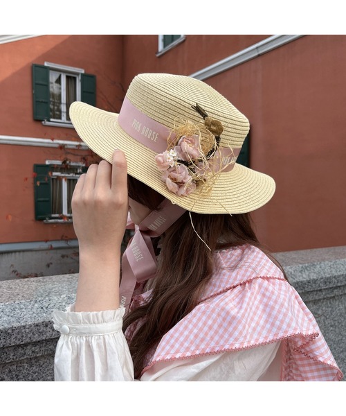 新品PINKHOUSEピンクハウスロゴ入りリボン麦わら帽子カンカン帽サックス PINK HOUSE（ピンクハウス）の「ロゴ入りリボン麦わら帽子