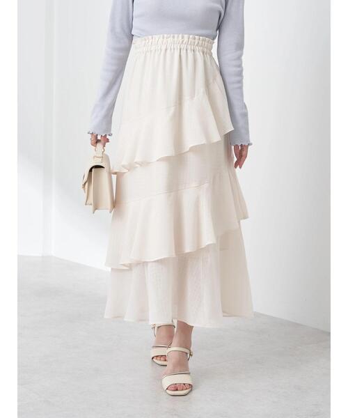 earth music&ecology（アースミュージックアンドエコロジー）の「アシメラッフル段々スカート（スカート・レディース・ミント/アイボリー/グレイッシュベージュ・FREE）」の4枚目の写真