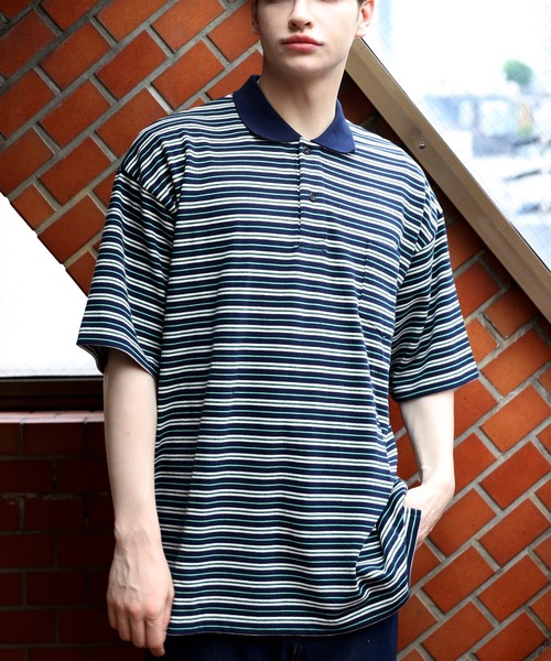 HOUSTON(ヒューストン)の「HOUSTON マルチボーダーワイドポロシャツ(Tシャツ/カットソー・メンズ・ネイビー/パープル/グリーン/ブラック・MEDIUM/XX-LARGE/LARGE/X-LARGE)」の2枚目の写真