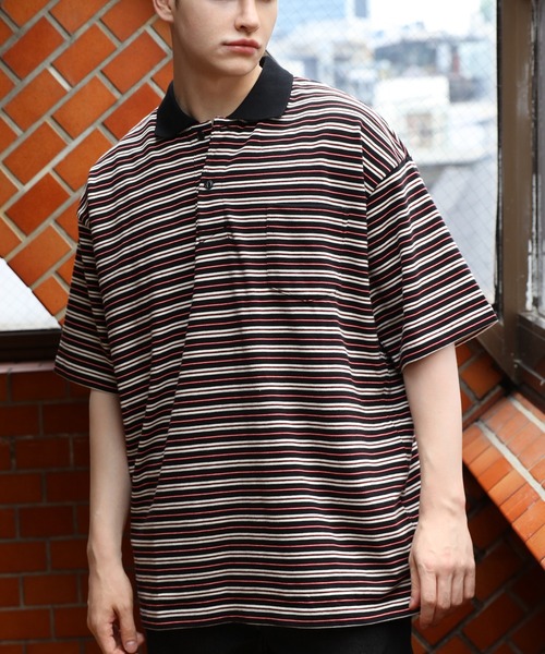HOUSTON(ヒューストン)の「HOUSTON マルチボーダーワイドポロシャツ(Tシャツ/カットソー・メンズ・ネイビー/パープル/グリーン/ブラック・MEDIUM/XX-LARGE/LARGE/X-LARGE)」の3枚目の写真