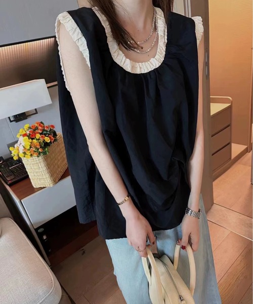 Achic(アシック)の「ノースリーブブラウス(シャツ/ブラウス・レディース・ブラック/アイボリー・M)」の3枚目の写真