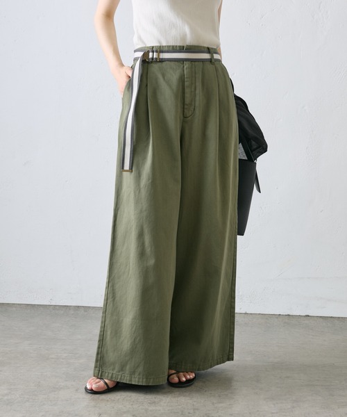 PUAL CE CIN（ピュアルセシン）の「ラインベルト付き高密度コットンワイドパンツ（その他パンツ・レディース・キャメル/チャコールグレー/カーキ・FREE）」の2枚目の写真